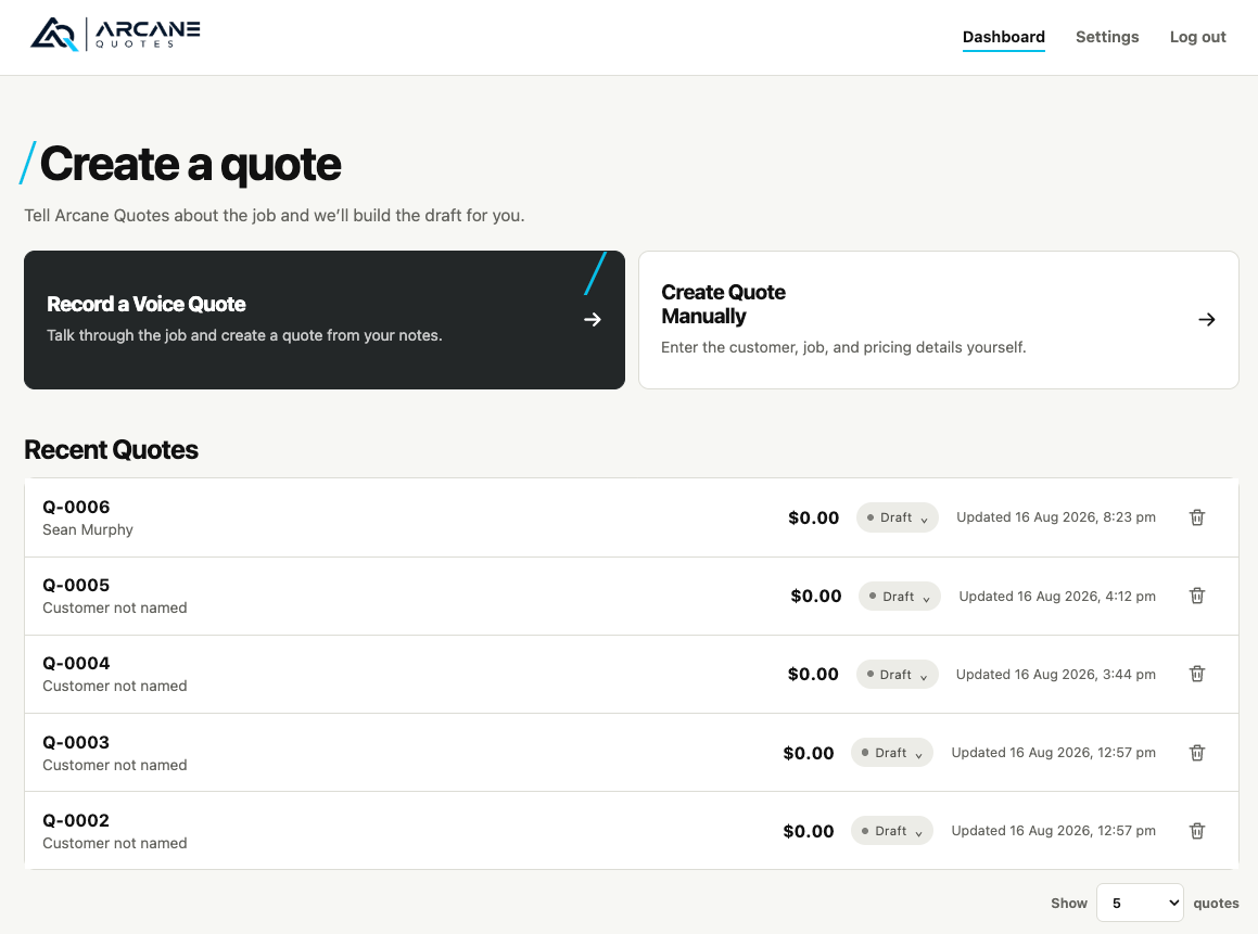 Arcane Quotes dashboard