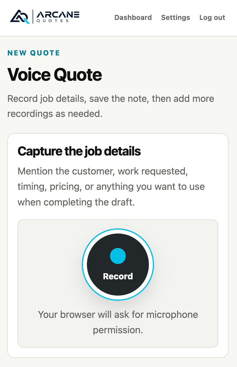 Voice Quote recording screen